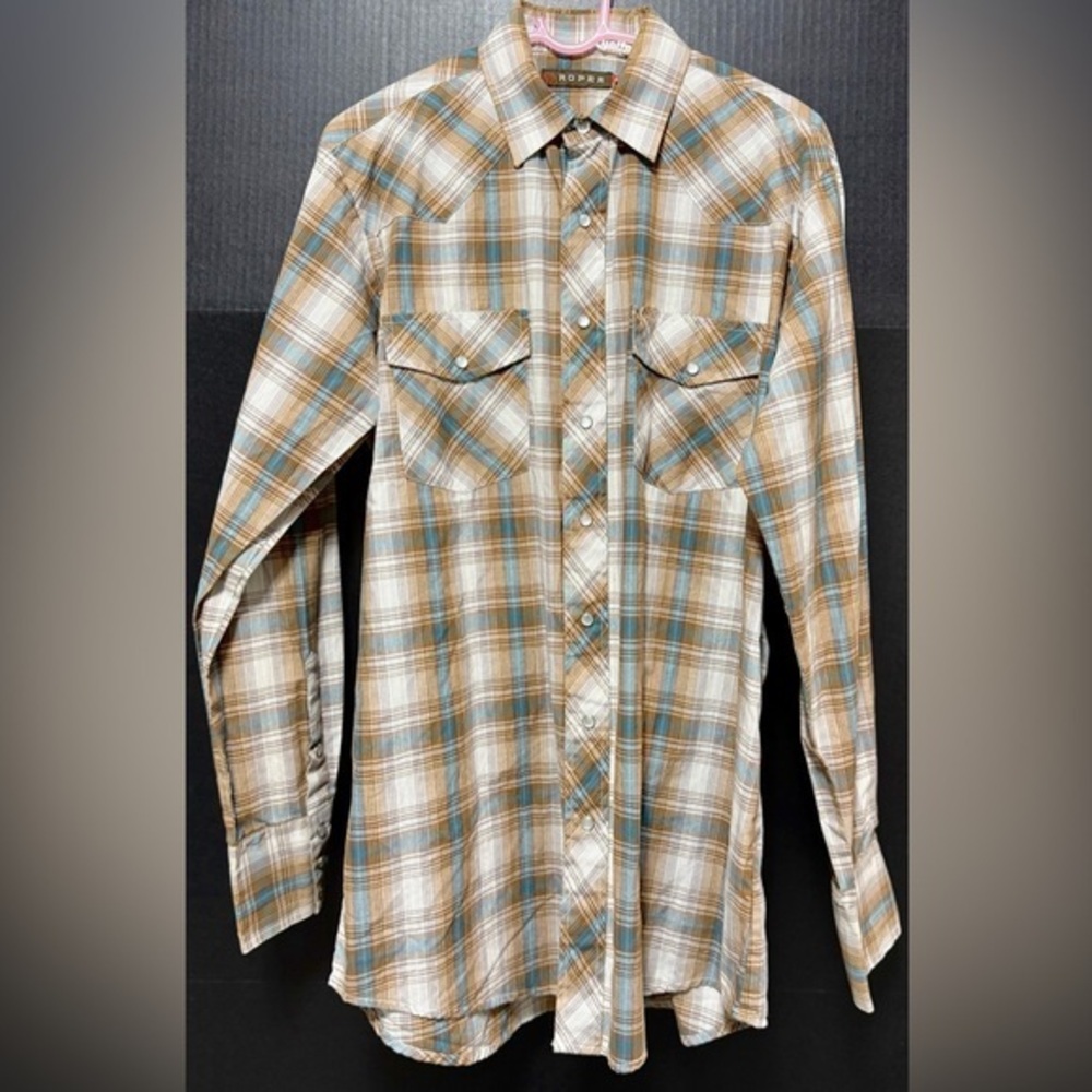 ⛵️Roper Tan Long Sleeve Western Cowboy Plaid Pearl Snap Tall Shirt Vintage Vibe